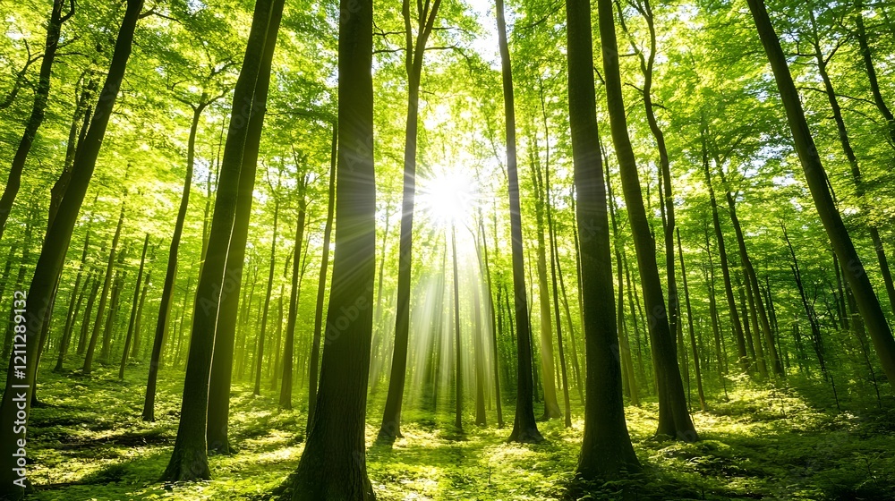 Obraz premium Sunlight filters through tall trees in a serene forest, evoking tranquility and natural harmony