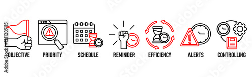 Time management banner web icon vector illustration concept with icon of objective, priority, schedule, reminder, efficiency, alerts, and controlling