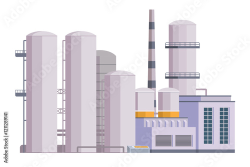 Oil Refinery Building Vector Illustration. Editable Chemical Factory Design with Modular Industrial Elements