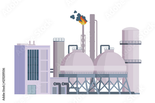 Oil Refinery Building Vector Illustration. Editable Chemical Factory Design with Modular Industrial Elements