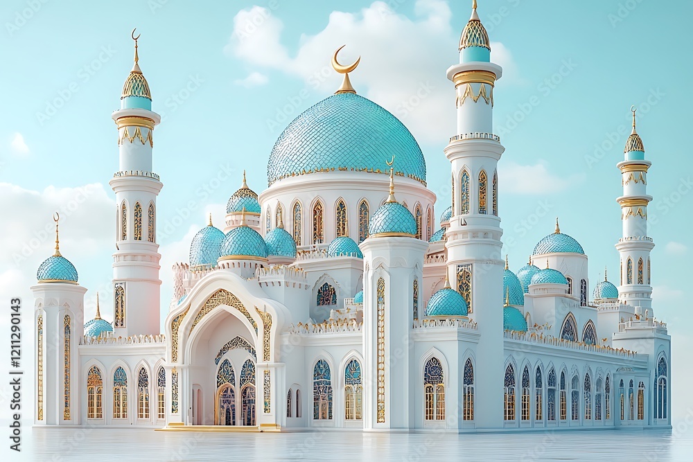 Obraz premium Islamic decoration background for Ramadan with lantern and mosque 3D rendering. 3D Illustration