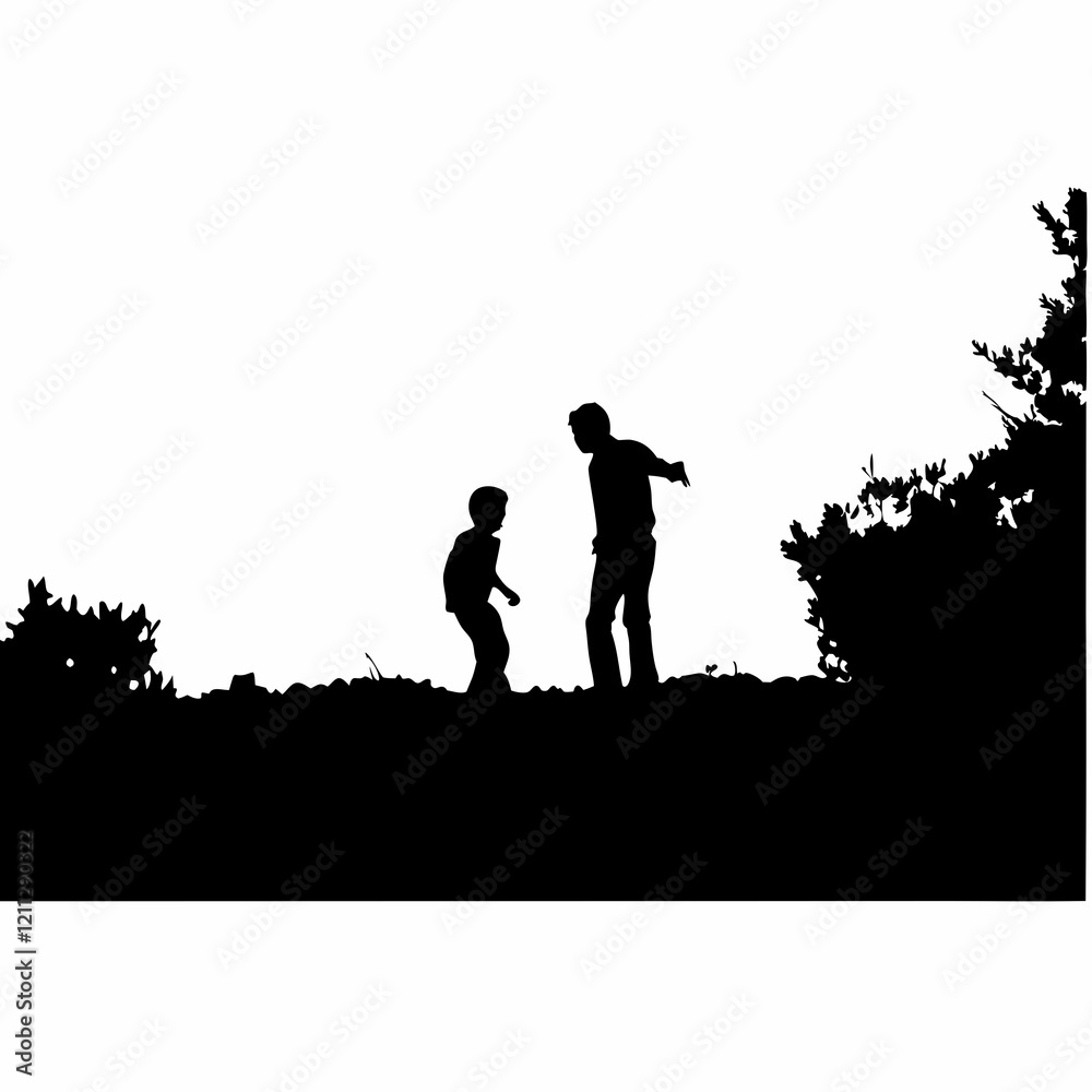 A man and a child are standing on a hill. The man is holding the child's hand A man and a child are standing on a hill. The man is holding the child's hand