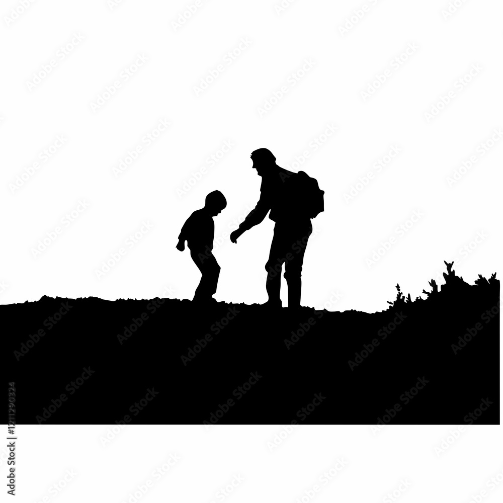 A man and a child are standing on a hill. The man is holding the child's hand A man and a child are standing on a hill. The man is holding the child's hand
