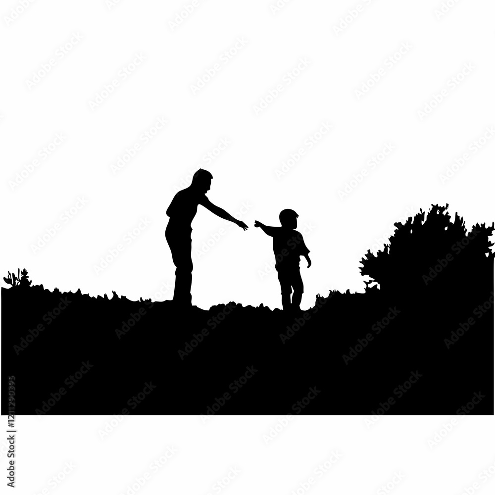 A man and a child are standing on a hill. The man is holding the child's hand A man and a child are standing on a hill. The man is holding the child's hand