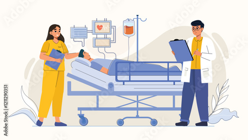 Hospital consultation illustration with doctor and nurse attending patient Shows a doctor and nurse attending to a patient in a hospital room.