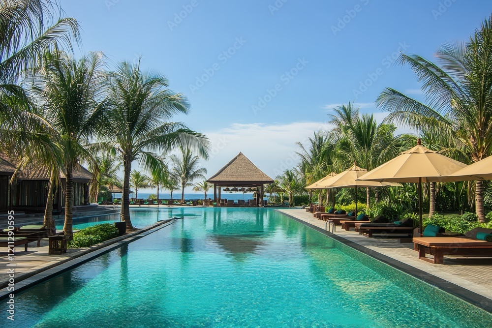 Serene Tropical Resort Pool Surrounded by Lush Palm Trees and Sunny Skies, Inviting Relaxation and Leisure in a Tranquil Paradise Setting Serene Tropical Resort Pool Surrounded by Lush Palm Trees and Sunny Skies, Inviting Relaxation and Leisure in a Tranquil Paradise Setting