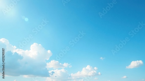 Serene Summer Sky Puffy White Clouds Drifting Across a Vivid Azure Canvas, Illuminated by a Bright Sun