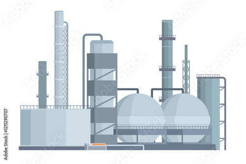 Oil Refinery Building Vector Illustration. Editable Chemical Factory Design with Modular Industrial Elements