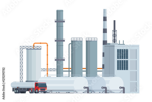 Oil Refinery Building Vector Illustration. Editable Chemical Factory Design with Modular Industrial Elements
