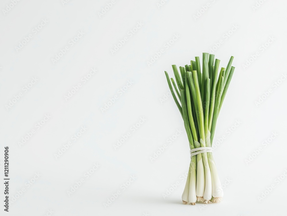 Fresh Green Onions Bundled with Twine on White Background Fresh Green Onions Bundled with Twine on White Background