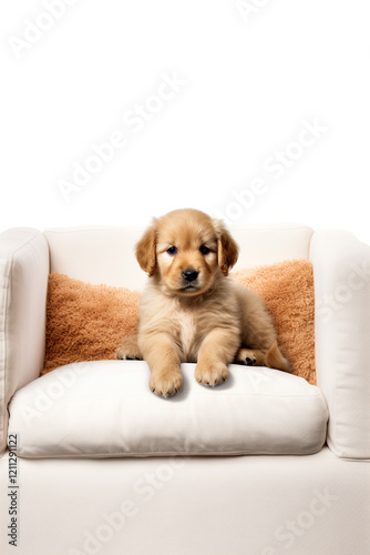 cute puppy is sitting on the sofa on a white background