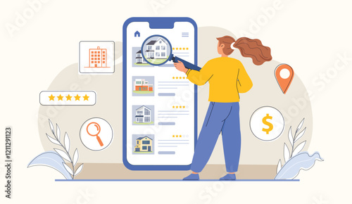 Property Search and Renting Illustration at Home Illustrates a family or individual looking for property to rent from the comfort of home.