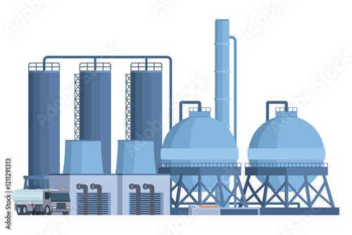 Oil Refinery Building Vector Illustration. Editable Chemical Factory Design with Modular Industrial Elements