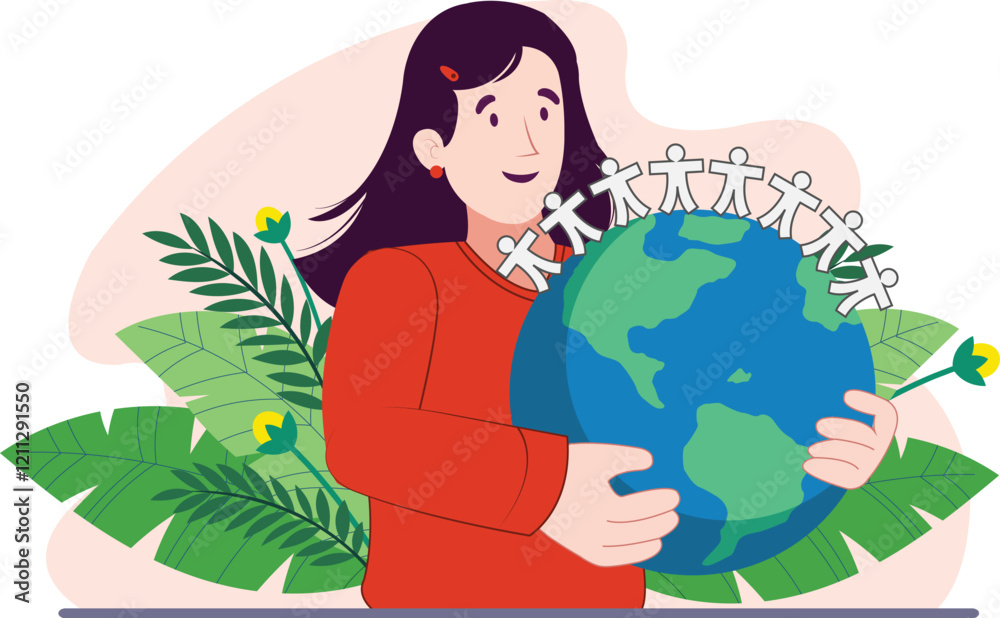 World Population Day Concept with Earth and People Illustration Concept art showing Earth with diverse people, highlighting population awareness.