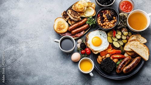 Food platter, rustic wooden board, fried eggs, sausages, bacon, baked beans, grilled tomatoes, mushrooms, toast, English breakfast, overhead view, morning meal, hearty cuisine, traditional British foo photo