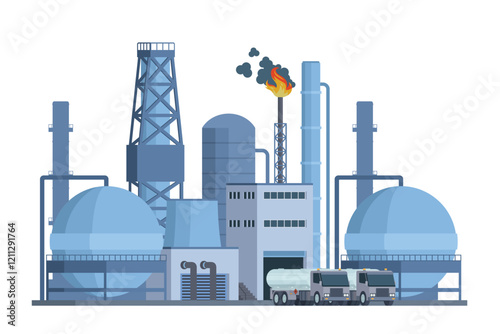 Oil Refinery Building Vector Illustration. Editable Chemical Factory Design with Modular Industrial Elements