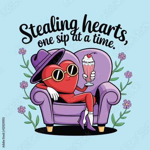 Stealing hearts one sip at a time ,Happy Valentines Day, Valentines Day Graphics, T-Shirt Design, Print Template Design, Mug Design, Pod Design, love shape, sofa, milkshake valentine