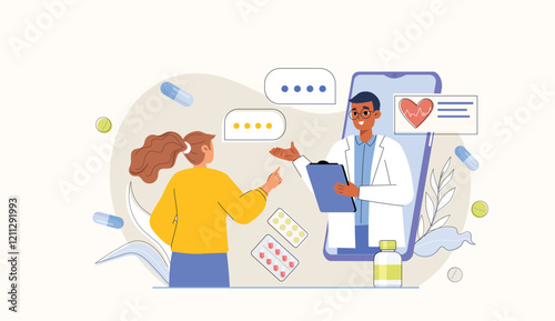 Doctor consultation illustration with patient and medical advice Shows a medical consultation scene with a doctor advising a patient.
