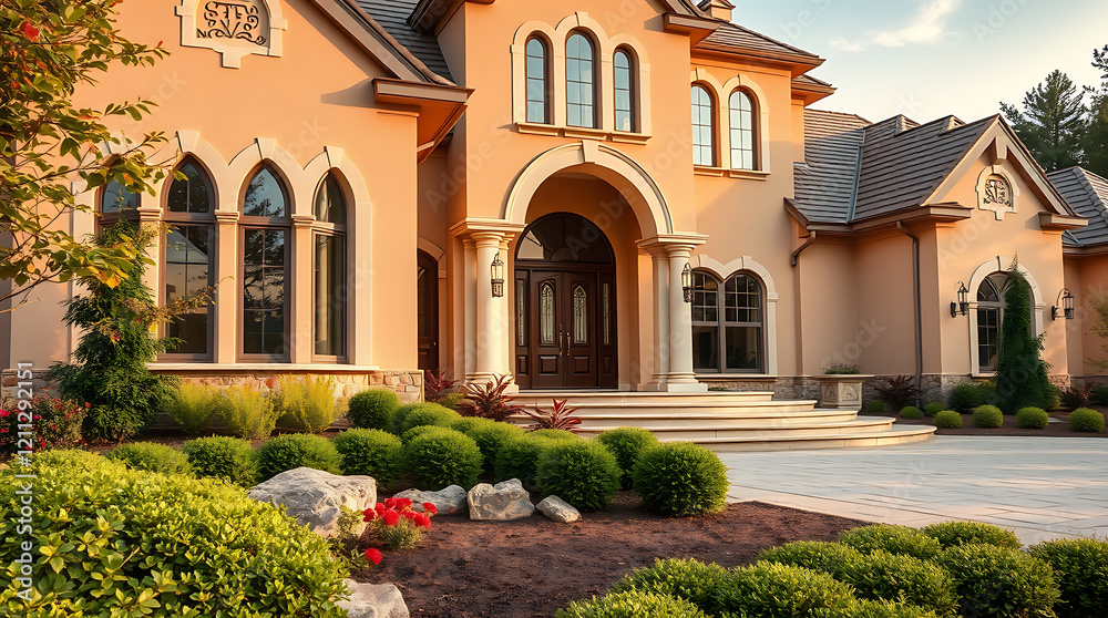 Fototapeta premium Luxury House Exterior: Elegant Home Architecture and Landscaping Design