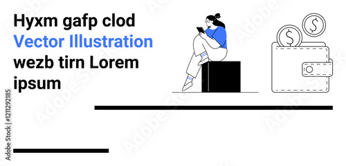 Woman wearing headphones sitting on a block using a tablet, next to wallet with coins. Ideal for finance apps, personal finance blogs, e-commerce, online education, freelance work, investments