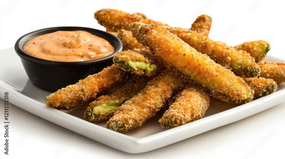 A plate of crispy avocado fries with a side of chipotle aioli dipping sauce, Each fry’s crunchy exterior and creamy avocado interior captured with precision A plate of crispy avocado fries with a side of chipotle aioli dipping sauce, Each fry’s crunchy exterior and creamy avocado interior captured with precision
