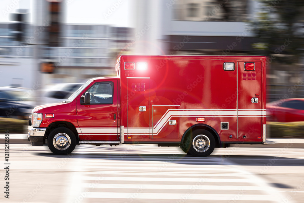 Fototapeta premium Motion panned view of an ambulance on a city street racing to the scene of an emergency.