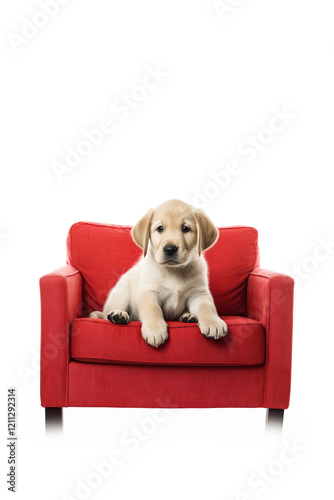 cute puppy is sitting on the sofa on a white background