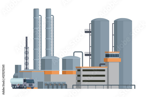 Oil Refinery Building Vector Illustration. Editable Chemical Factory Design with Modular Industrial Elements