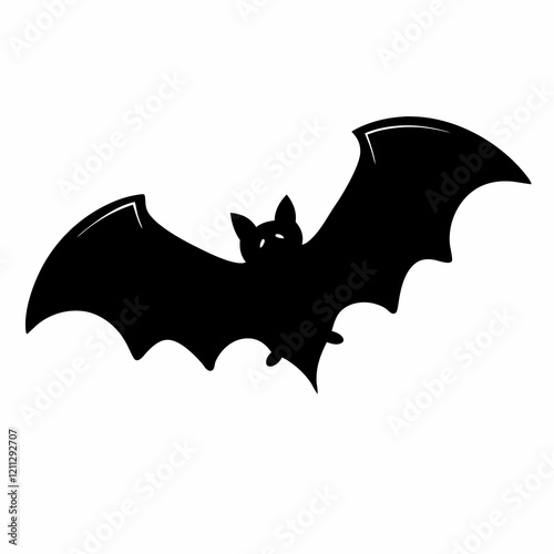 A black bat with its wings spread out. The bat is flying in the air