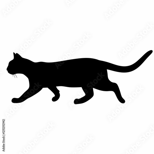A black cat is walking on a white background. The cat is looking to the right