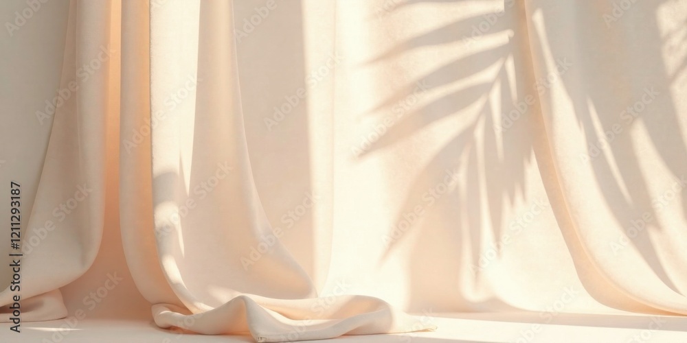Serene Drapery with Soft Sunlight and Leaf Shadows Creates a Calming and Elegant Minimalist Background Serene Drapery with Soft Sunlight and Leaf Shadows Creates a Calming and Elegant Minimalist Background