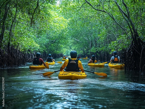 Kayaking adventure in lush mangroves tropical paradise travel experience natural waterway bird's eye view eco-tourism exploration