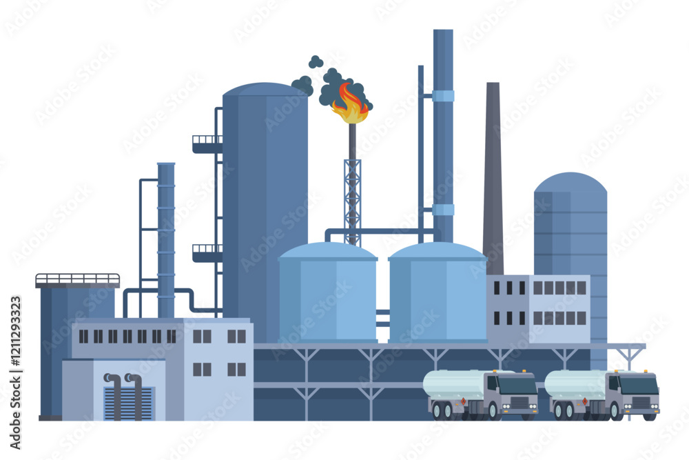 Fototapeta premium Oil Refinery Building Vector Illustration. Editable Chemical Factory Design with Modular Industrial Elements
