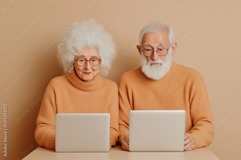 Warm Beige Digital Lifestyle Asian Senior Couple with Laptops in Cozy Kitchen for Online Shopping - Tech Engagement and Remote Connectivity in Modern Living Spaces Warm Beige Digital Lifestyle Asian Senior Couple with Laptops in Cozy Kitchen for Online Shopping - Tech Engagement and Remote Connectivity in Modern Living Spaces