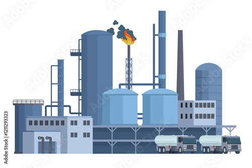 Oil Refinery Building Vector Illustration. Editable Chemical Factory Design with Modular Industrial Elements
