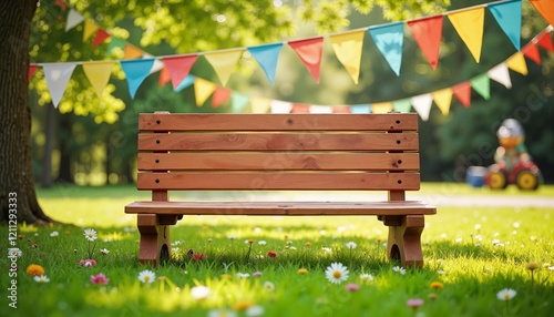 Charming Wooden Bench Set Against a Beautiful Park Backdrop with Colorful Party Flags and Greenery photo