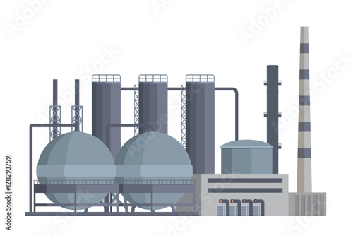 Oil Refinery Building Vector Illustration. Editable Chemical Factory Design with Modular Industrial Elements