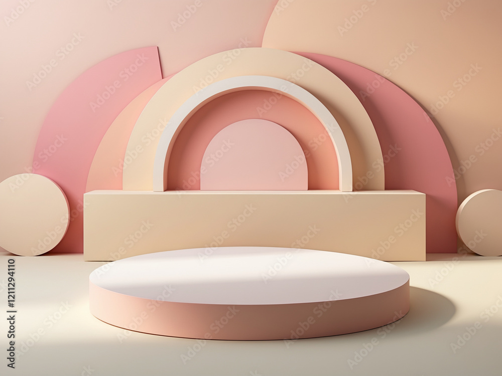 Fototapeta premium Minimalist 3D composition with soft pastel tones, featuring geometric arches and circular podiums, perfect for branding or product displays.