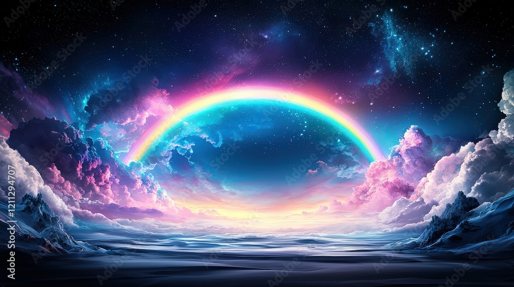 Obraz premium A breathtaking fantasy sky filled with vibrant rainbows stretching across a surreal, dreamy landscape, glowing with magical colors and ethereal light.