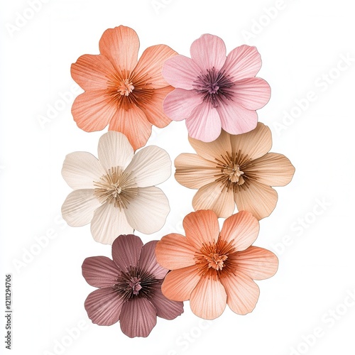 Pastel paper flowers, studio shot, white background, home decor