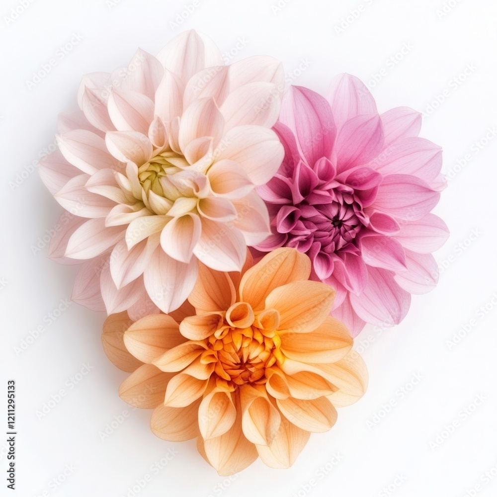 Fototapeta premium Pastel Dahlias, flatlay, white backdrop, design