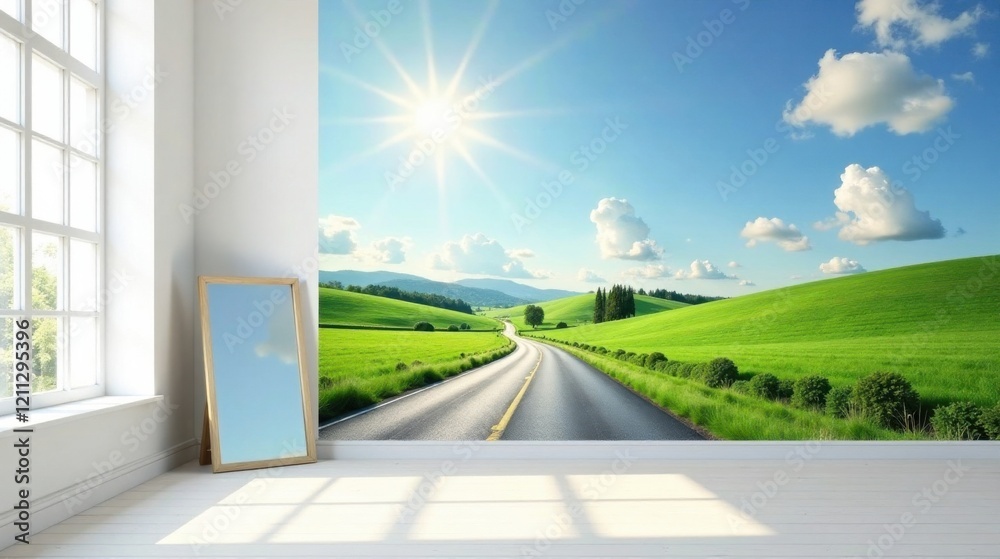 Fototapeta premium Serene Landscape Mural An Open Road Through Rolling Green Hills Under a Bright Sunny Sky, Perfect for a Room Decor Upgrade