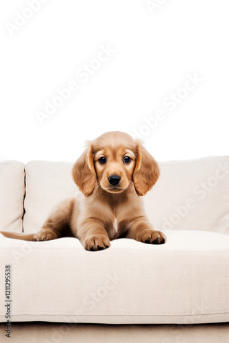 cute puppy is sitting on the sofa on a white background