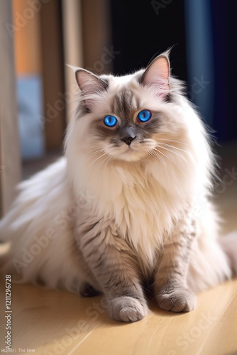 Beautiful Himalayan cat, white and brown with blue eyes