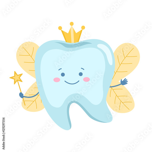 Cute fairy tooth character with magic wand. Oral care, mouth hygiene, teeth restoration concept cartoon vector illustration