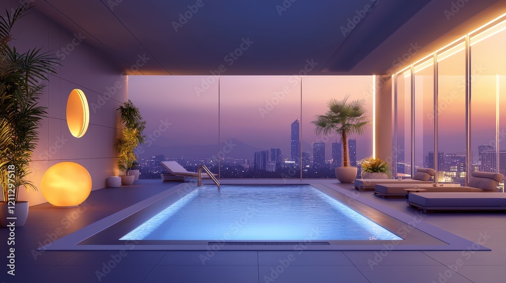 A luxurious rooftop pool with sleek, modern design, surrounded by comfortable seating, tropical plants, and a perfect view of the city, offering a refreshing retreat. A luxurious rooftop pool with sleek, modern design, surrounded by comfortable seating, tropical plants, and a perfect view of the city, offering a refreshing retreat.