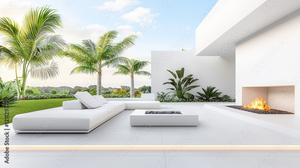 Naklejka premium A minimalist patio design with clean lines, a white sofa, a geometric fire pit, and a garden backdrop.