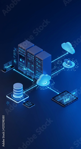 Futuristic digital technology concept, servers, cloud storage, and devices. Illustration