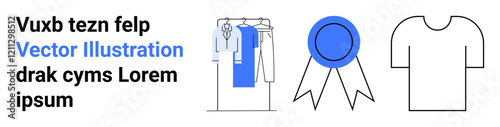 Clothing rack holding dresses and t-shirts, blue achievement ribbon, isolated t-shirt, and placeholder text. Ideal for retail, fashion design, awards, e-commerce, marketing materials branding