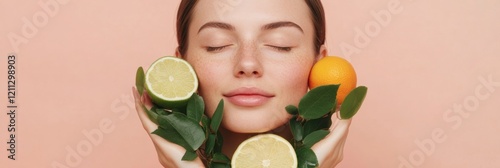 Radiant Natural Skincare Smiling Woman with Citrus and Greenery Elements - Organic Beauty Promotion for Eco-Conscious Millennials in the Wellness Industry photo